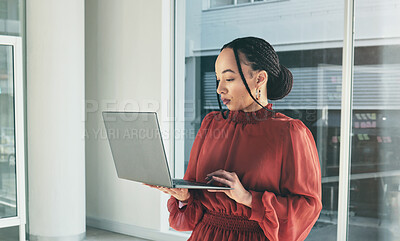 Buy stock photo Business woman, computer and office for software management, Human Resources research and planning.  Professional african person, employee or HR worker on laptop for company email or schedule check