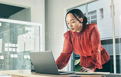Buy stock photo Woman in office on laptop, research and brainstorming on website for business plan, ideas or proposal process. Thinking, internet search and businesswoman on computer with online notes at startup.