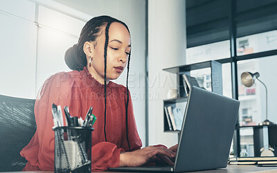 Buy stock photo Business woman, laptop and office for online admin management, Human Resources research and planning.  Professional african person or HR worker typing on computer, company email or schedule check