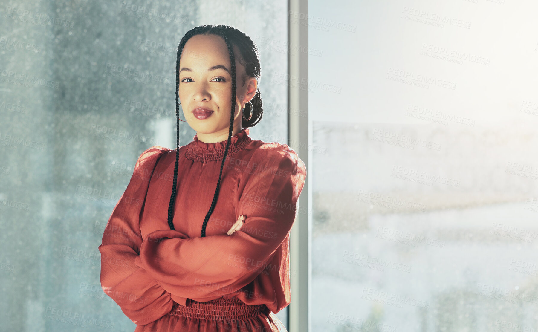 Buy stock photo Woman, arms crossed with business and professional mindset, portrait with confidence and mockup space. Brazilian female employee in the workplace, corporate career and serious person with pride