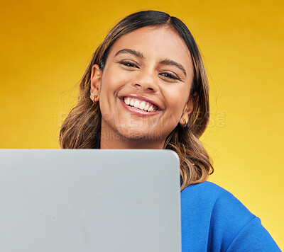 Buy stock photo Smile, laptop and portrait of woman on yellow background, networking and online influencer with internet connection. Computer, studio and face of happy content creator with social media, email or web