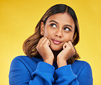 Young woman, student and thinking in studio with ideas, vision and remember happy memory by yellow background. Gen z girl, mindset and brainstorming with decision, choice or future with planning