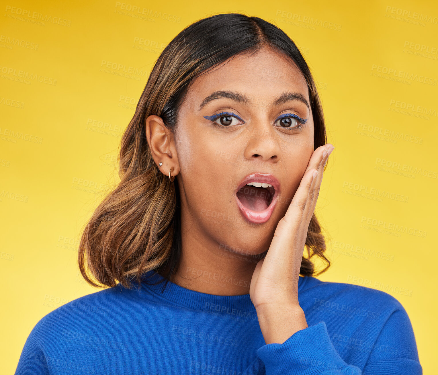 Buy stock photo Shock, surprise and portrait of woman in a studio with a puzzled or wtf facial expression. Young, good news and young Indian female model with a wow or omg face isolated by a yellow background.