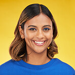 Portrait, smile and makeup with a woman on a yellow background in studio for fashion or cosmetics. Face, skincare and a happy young female model posing indoor in a trendy outfit for clothes style