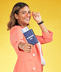 Portrait, passport and happy woman with travel opportunity, USA immigration and sunglasses on yellow background. Identity documents, flight ticket and indian person for holiday or vacation in studio