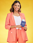 Smile, ticket and portrait of a woman with a passport on a studio background for travel. Show, flight and a young girl with documents, ID or a boarding pass for a holiday or vacation on backdrop
