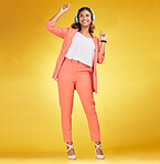 Woman, headphones and happy dance to music in studio for fashion, freedom and audio energy on yellow background. Indian model, style and dancing to celebration, listening to radio and streaming sound