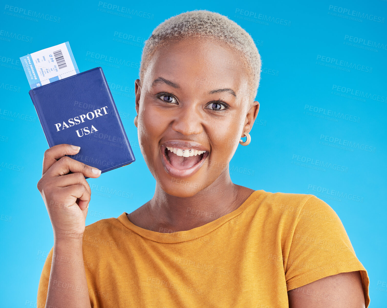 Buy stock photo Black woman, happy with passport and plane ticket, excited about travel to USA in portrait on blue background. Adventure, boarding pass and documents for journey, female person with smile in studio