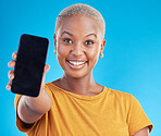 Woman, portrait and phone screen, mockup or social media marketing with Web 3.0 ui or ux design space in studio. African person with mobile for information, presentation or contact on blue background