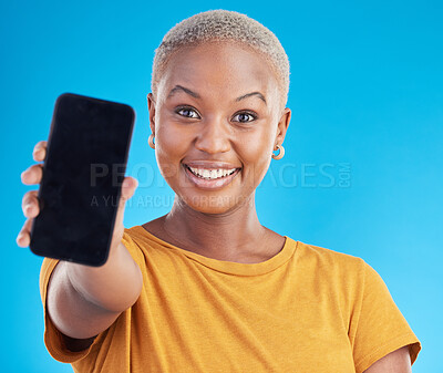 Buy stock photo Woman, portrait and phone screen, mockup or social media marketing with Web 3.0 ui or ux design space in studio. African person with mobile for information, presentation or contact on blue background