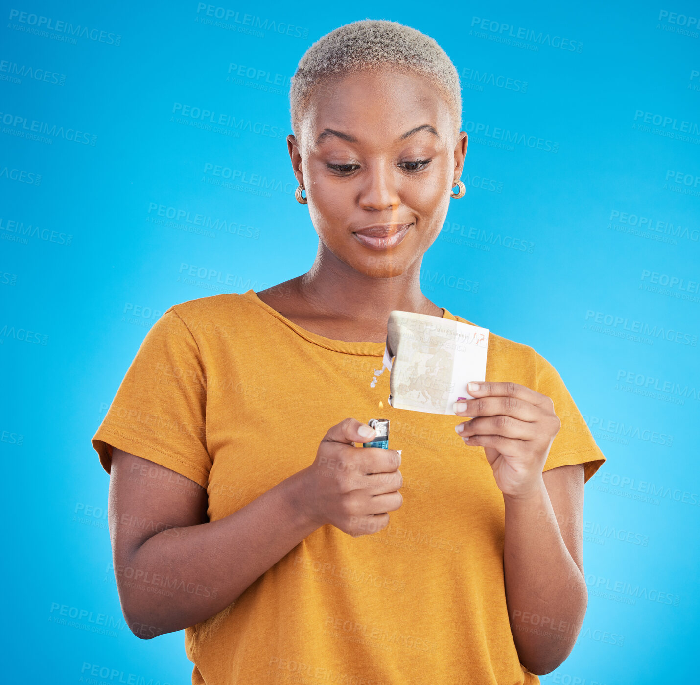 Buy stock photo Woman, burning money and euro bills on fire, flame or financial crisis on studio, blue background and college student. Inflation, increase and banknote of dollar or African customer spending cash