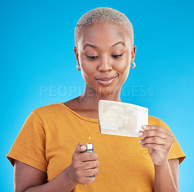 Buy stock photo Burning, money and woman with euro bills on fire, flame or college student with debt in financial crisis on blue background. Inflation, increase or African customer spending credit with interest rate