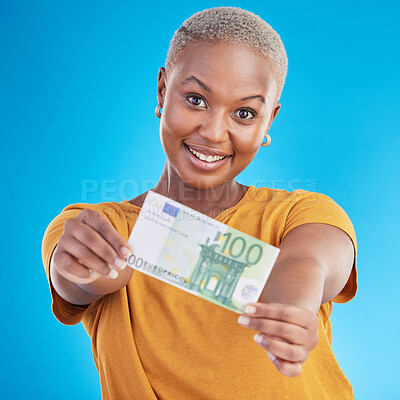 Buy stock photo Money, note and happy woman in portrait for success, cash offer and investment choice on blue background. Face, financial profit and african person or winner with bonus, cashback or payment in studio