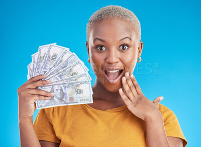 Buy stock photo Money, wow and black woman in portrait for success, student loan or lottery fan on blue background. Surprise face, bonus and young person, student or winner for cashback or financial growth in studio