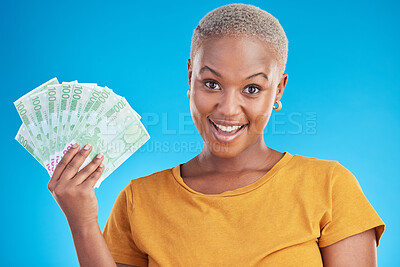 Buy stock photo Black woman, money fan and finance, portrait and happy with prize, loan and dollars isolated on blue background. Cash, cashback and lottery win with payment, financial freedom and bills in studio