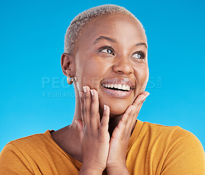 Buy stock photo Thinking, inspiration and black woman with ideas, happiness and solution on a blue studio background. Person, excited and model with problem solving, decision and choice with mindset for planning