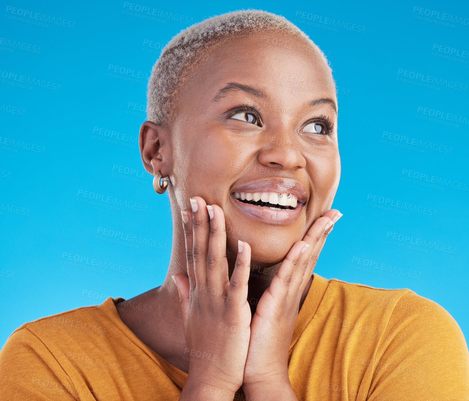 Buy stock photo Thinking, inspiration and black woman with ideas, happiness and solution on a blue studio background. Person, excited and model with problem solving, decision and choice with mindset for planning