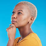 Thinking, decision and black woman with ideas, opportunity and choice on a blue studio background. Person, girl or model with problem solving, planning and solution with emoji, question and mindset