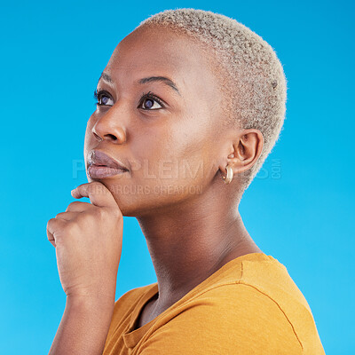Buy stock photo Thinking, decision and black woman with ideas, opportunity and choice on a blue studio background. Person, girl or model with problem solving, planning and solution with emoji, question and mindset