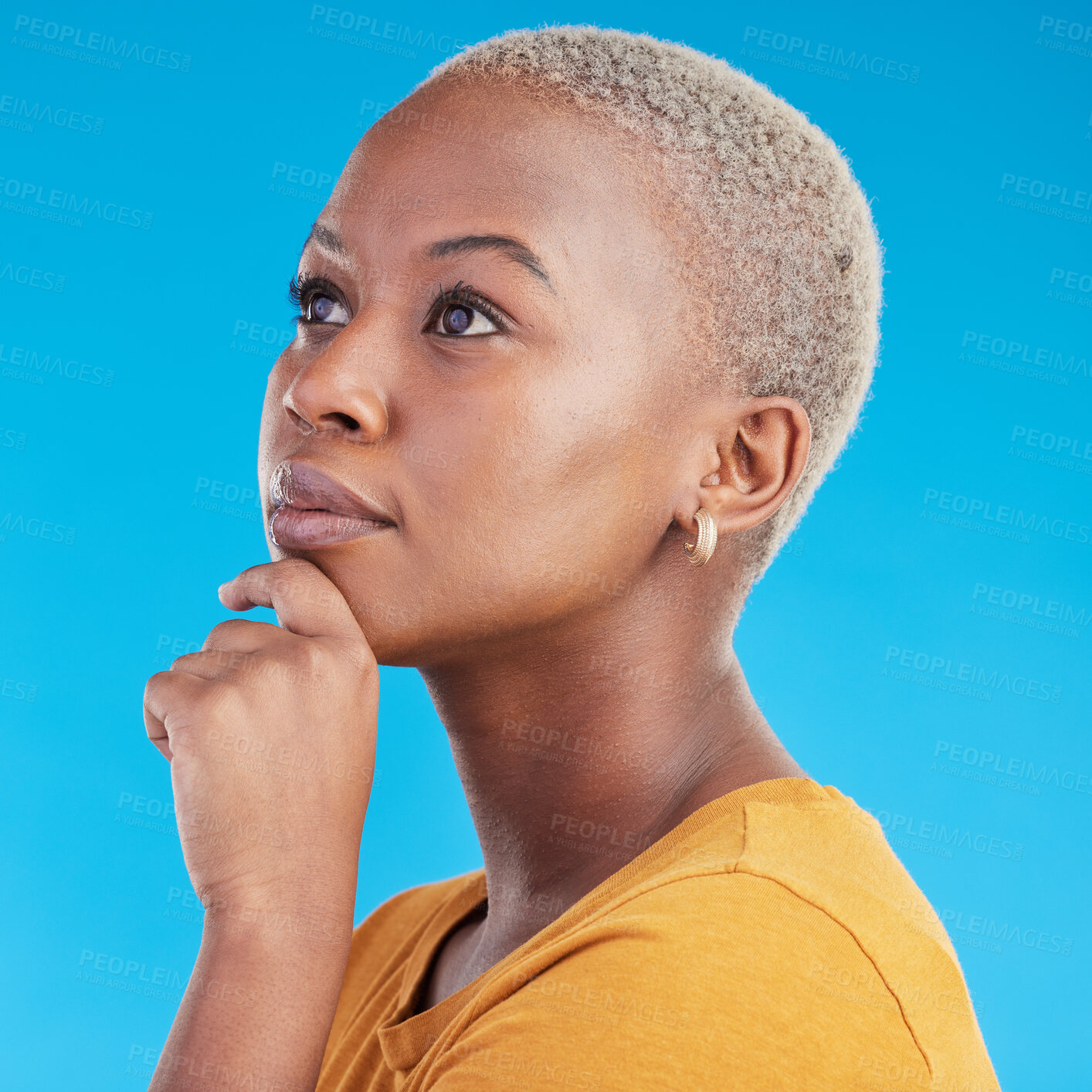 Buy stock photo Thinking, decision and black woman with ideas, opportunity and choice on a blue studio background. Person, girl or model with problem solving, planning and solution with emoji, question and mindset