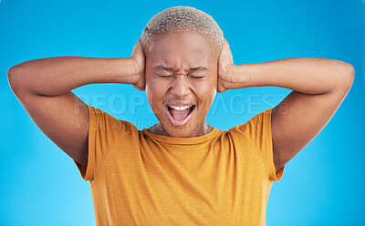 Buy stock photo Headache, hands on ears and black woman shout in studio isolated on a blue background. Stress, noise and African person frustrated with loud sound, pain or crisis of tinnitus, not hearing or listen