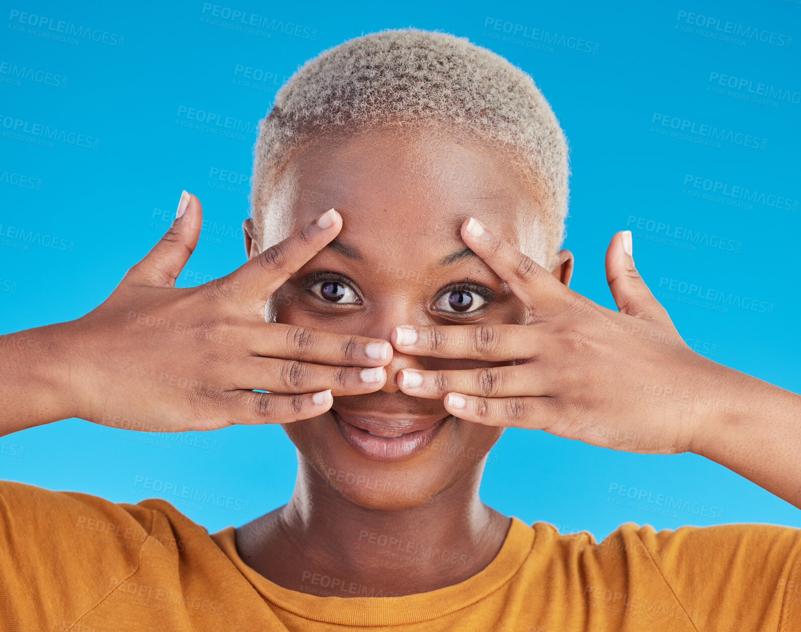 Buy stock photo Face, hands and skincare of black woman for beauty in studio isolated on a blue background. Portrait, natural and African model with cosmetics in facial treatment for wellness, aesthetic and health