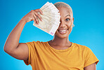 Black woman, cash fan and portrait, happy with prize and finance, loan and euros isolated on blue background. Money, cashback and lottery win with payment, financial freedom and bills with bonus