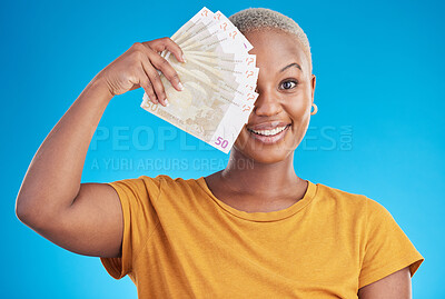 Buy stock photo Black woman, cash fan and portrait, happy with prize and finance, loan and euros isolated on blue background. Money, cashback and lottery win with payment, financial freedom and bills with bonus