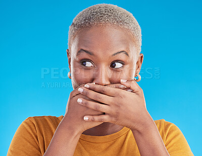 Buy stock photo Gossip, wow or black woman shocked by secret, mistake or announcement in studio on blue background. Thinking, fake news or surprised girl with excited, wtf or omg expression with hands to cover mouth