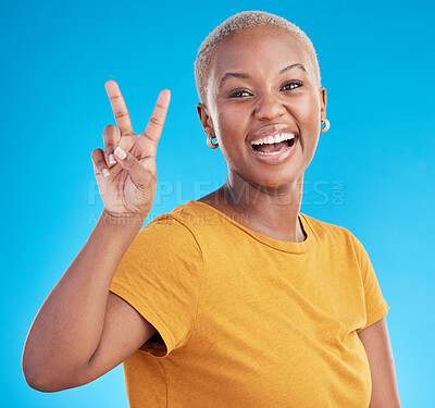 Buy stock photo Hand, peace and black woman portrait in studio with thank you, success or feedback on blue background. V, sign and African female face with good vibes, smile or freedom emoji or self love support