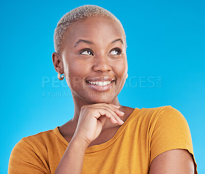Buy stock photo Thinking, idea or black woman with inspiration, opportunity or brainstorming on a blue studio background. Person, happiness or model with problem solving, decision or choice with planning or solution