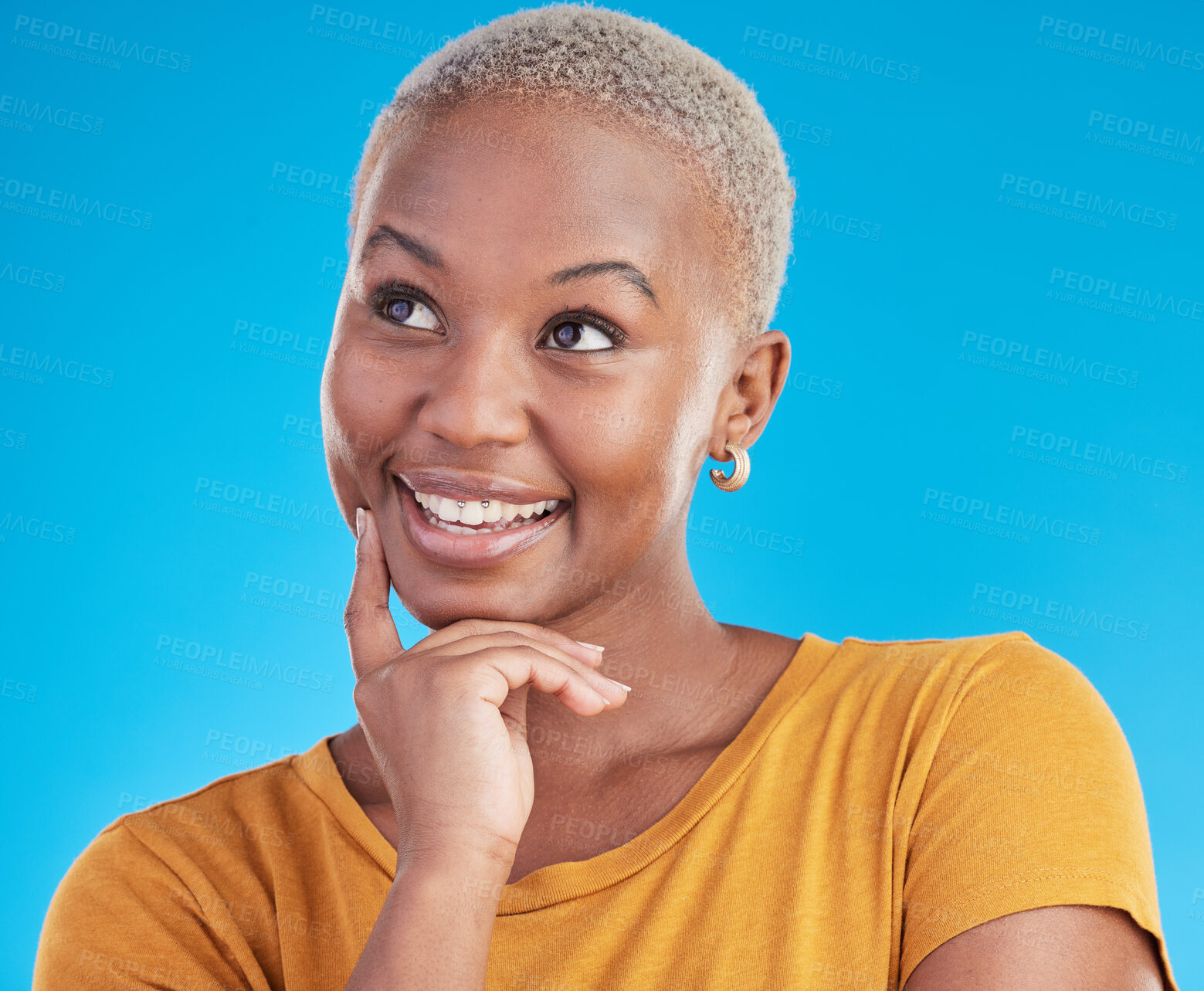 Buy stock photo Thinking, smile and black woman with ideas, decision and problem solving on a blue studio background. Person, choice or model with happiness, inspiration and brainstorming with planning and emoji