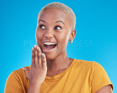 Buy stock photo Surprise, thinking or excited black woman in studio for shocking news or deal offer on blue background. Wow reaction, omg and happy female person shocked by gossip, announcement, promotion or deal
