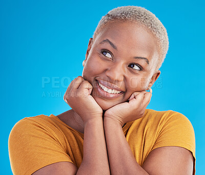 Thinking, happiness and black woman with inspiration, opportunity and choice on a blue studio background. Person, girl or model with problem solving, smile or decision with ideas, excited or solution