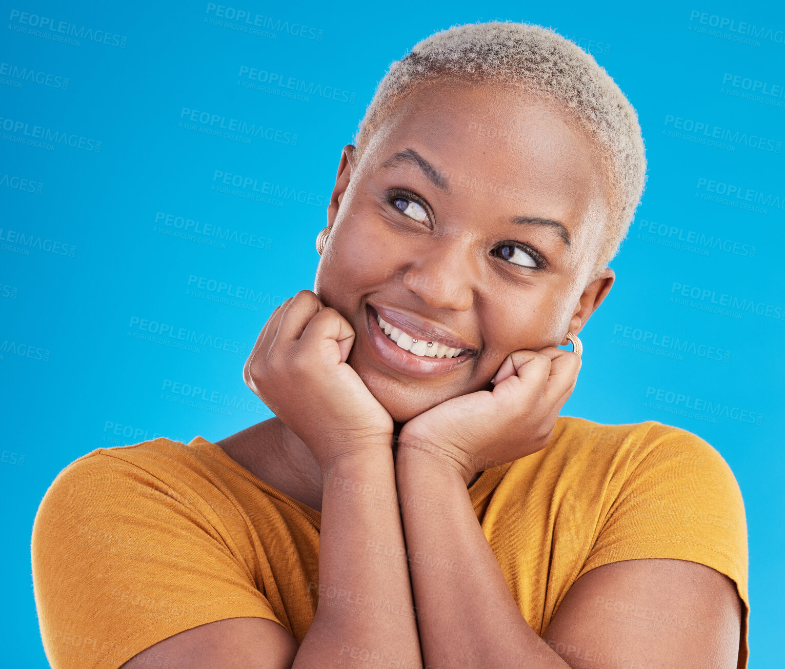 Buy stock photo Thinking, happiness and black woman with inspiration, opportunity and choice on a blue studio background. Person, girl or model with problem solving, smile or decision with ideas, excited or solution