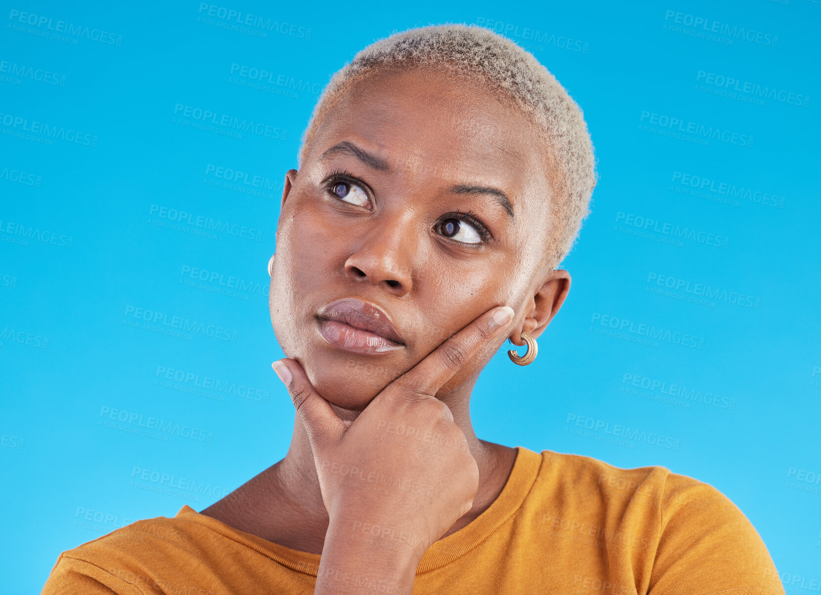 Buy stock photo Thinking, decision and black woman with ideas, opportunity and planning on a blue studio background. Person, girl and model with problem solving, solution and question with choice and mockup space