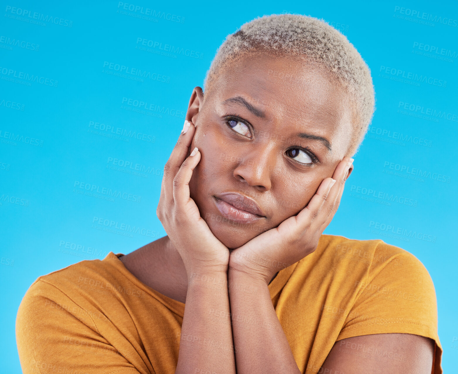 Buy stock photo Thinking, sad and black woman with depression, decision or solution on a blue studio background. Person, alone or model with problem solving, thoughts or anxiety with mental health, unhappy or choice