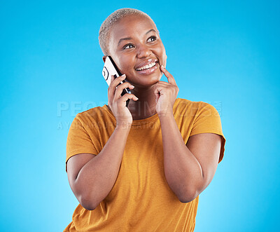 Buy stock photo Happy woman, phone call and thinking of university decision, listening to news and feedback on a blue, studio background. African person or student on mobile communication, ideas and future planning