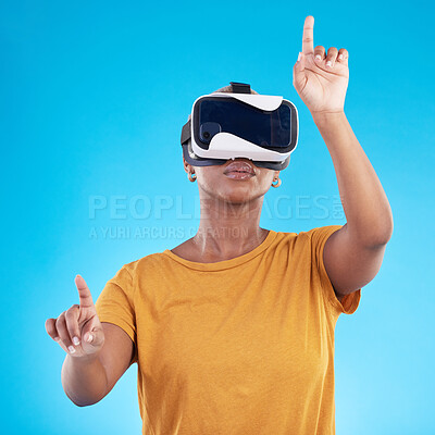 Buy stock photo Black woman, press on screen with metaverse and virtual reality, future technology and 3D on blue background. User experience, VR goggles and female person, digital world and  video game in studio