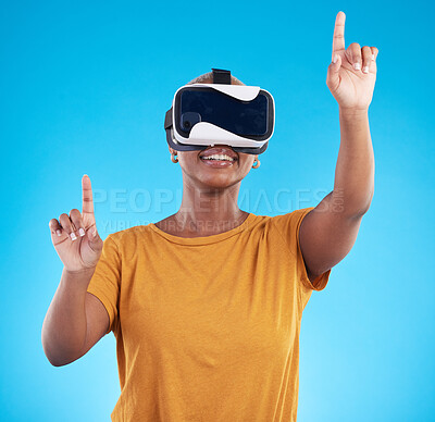 Buy stock photo Black woman, metaverse and virtual reality, screen with future technology and 3D on blue background. User experience, VR goggles and female person press, digital world and gaming software in studio