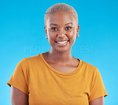 Buy stock photo Portrait, fashion and happy black woman in studio isolated on a blue background. Face, smile and young African person, model or girl with confidence from Kenya with style, casual clothes and tshirt