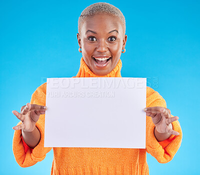 Buy stock photo Black woman, blank poster and studio portrait with surprise face, mockup space and excited by blue background. African gen z girl, student and paper billboard for promotion, branding and wow for deal