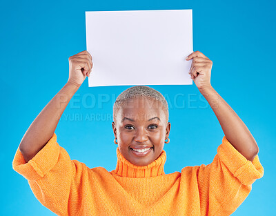 Buy stock photo Black woman in portrait, poster and presentation advertising and announcement on blue background. Female ambassador, show sign and news broadcast, billboard and information card with mockup space