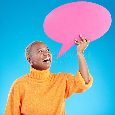 Buy stock photo Speech bubble, contact us or black woman for social media communication with mockup space in studio. Smile, talking or happy African girl speaking of review, feedback voice or news on blue background