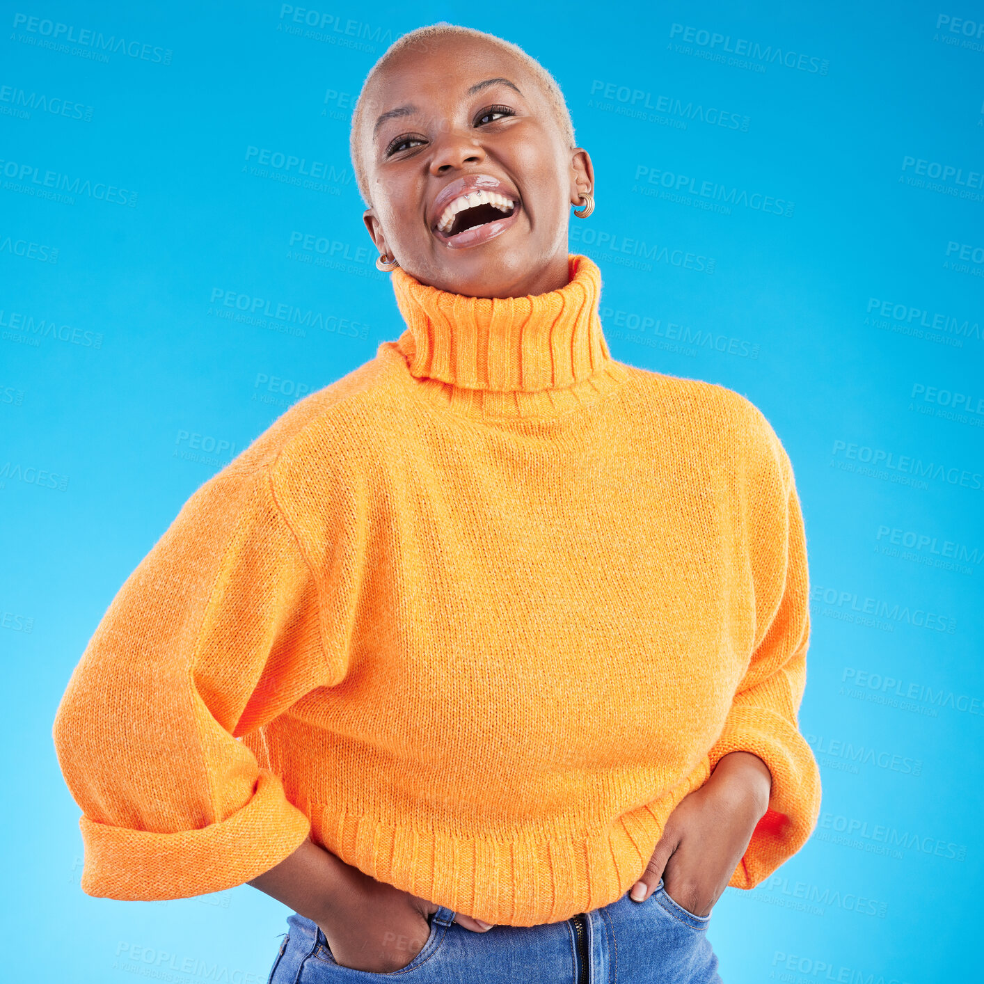 Buy stock photo Blue background, studio and happy African woman with fashion, natural beauty and confidence in casual style or clothes. Portrait, smile and person with happiness in winter clothing or college student