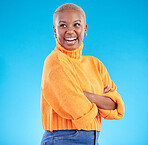 Happy, African woman and fashion with studio, blue background natural beauty or confidence in casual style or clothes. Face, smile and person with happiness in winter clothing or college student