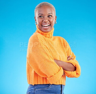 Buy stock photo Happy, African woman and fashion with studio, blue background natural beauty or confidence in casual style or clothes. Face, smile and person with happiness in winter clothing or college student