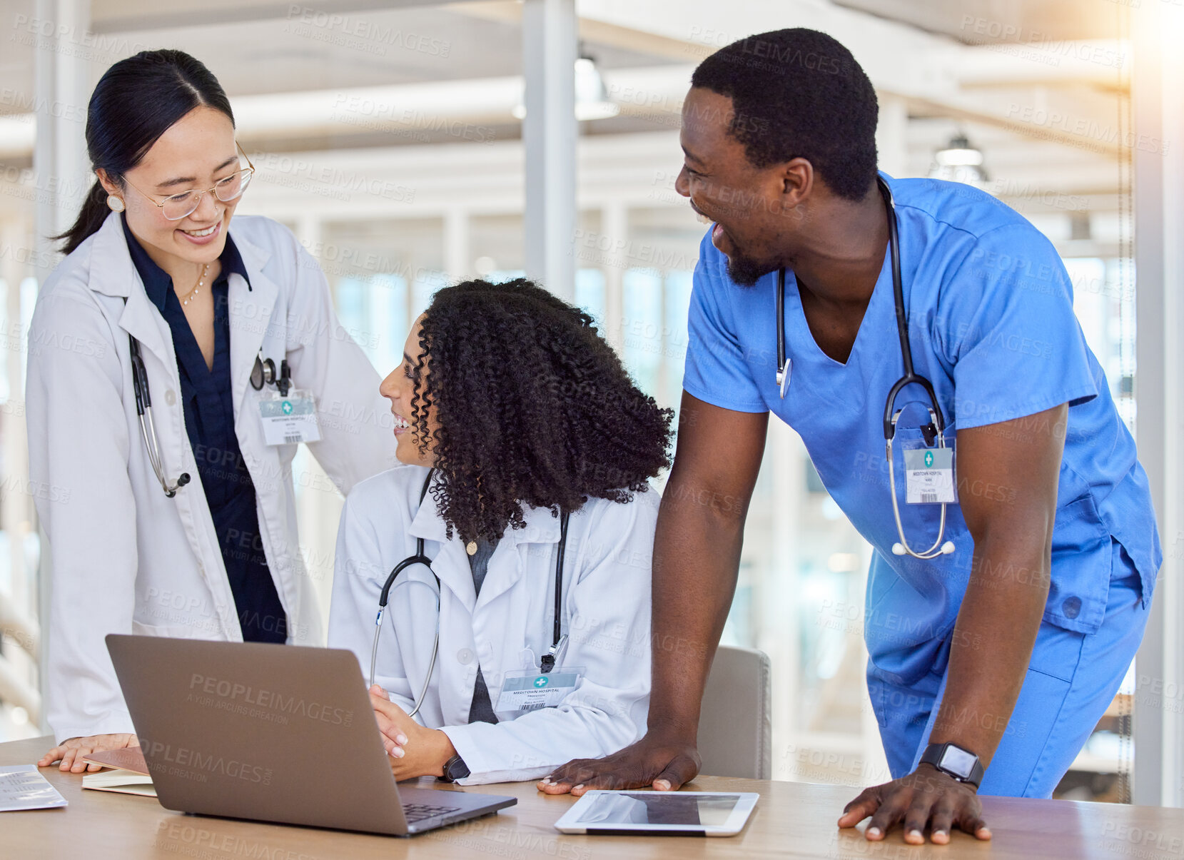 Buy stock photo Group, laptop and collaboration with doctors talking healthcare results, online feedback or report. Hospital staff, diversity people and medical nurse, surgeon and teamwork discussion on research