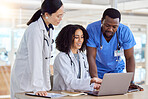 Laptop, group collaboration or doctors reading healthcare results, online clinic feedback or medicine report. Hospital diversity, communication or medical nurse, surgeon or staff teamwork on research