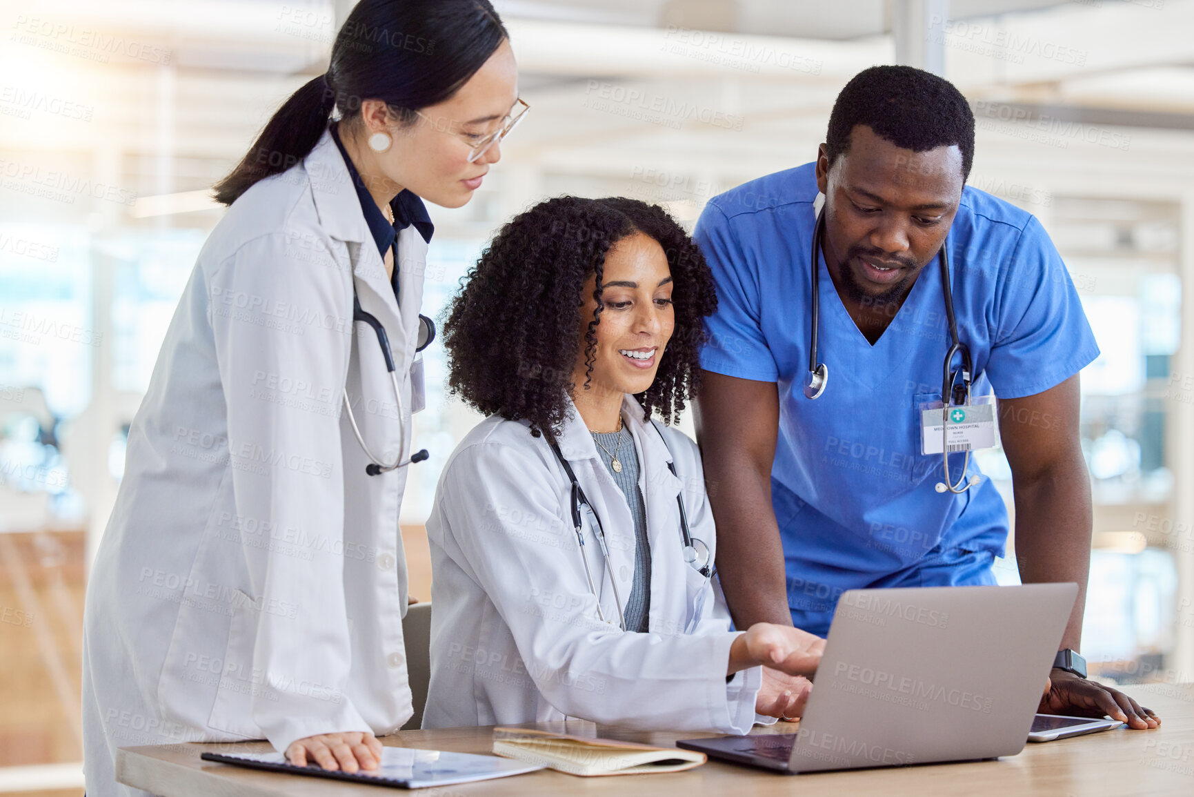 Buy stock photo Laptop, group collaboration or doctors reading healthcare results, online clinic feedback or medicine report. Hospital diversity, communication or medical nurse, surgeon or staff teamwork on research